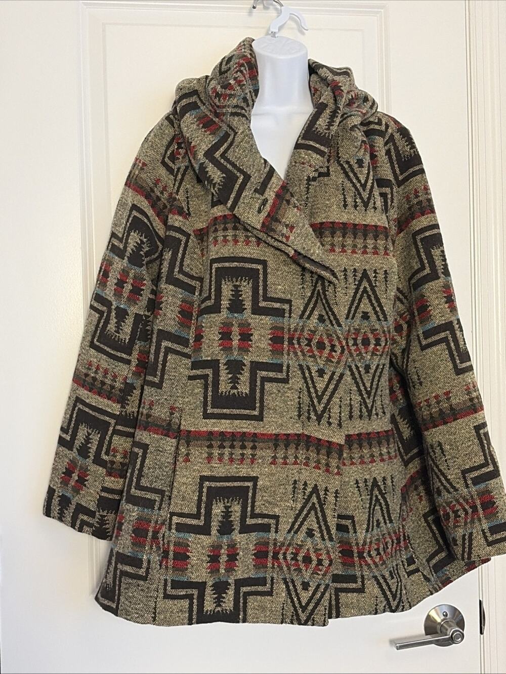 Vintage Women 90s Tribal Southwestern Hooded Wool Blend Jacket Xxl (missing Belt